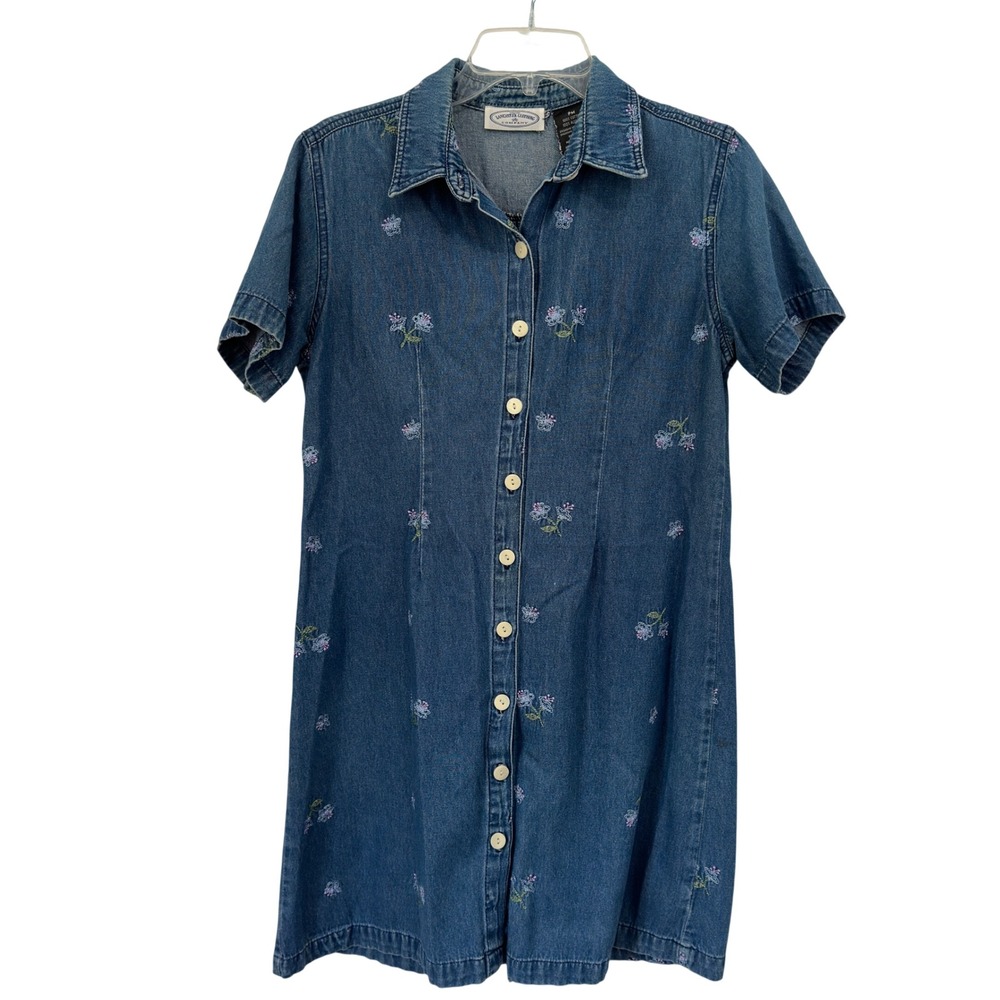 Embroidered Denim Shirt Dress Floral Button Front Cottagecore Lancaster PM